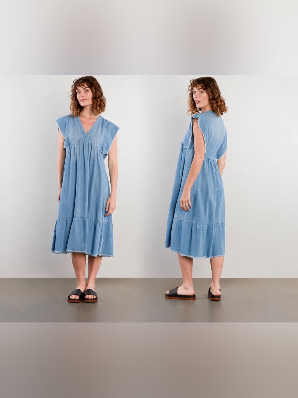 Billy T Lovestruck Denim Lyocell Midi Dress Frayed Trim Blue Size Small $148